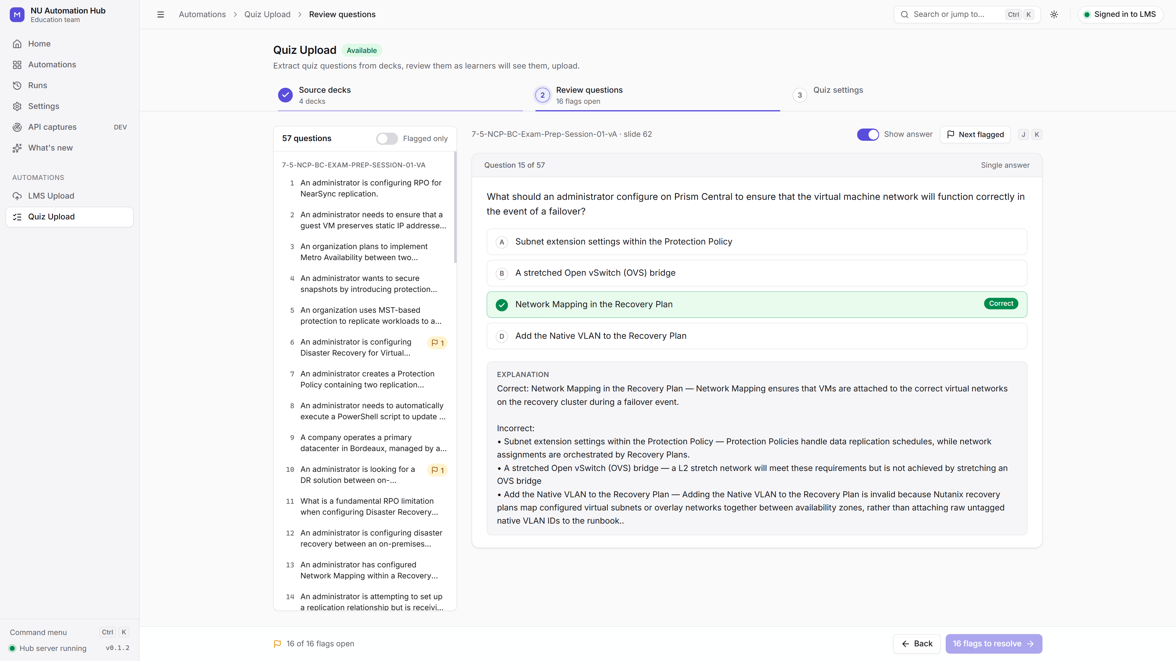 Review quiz questions in NU Automation Hub